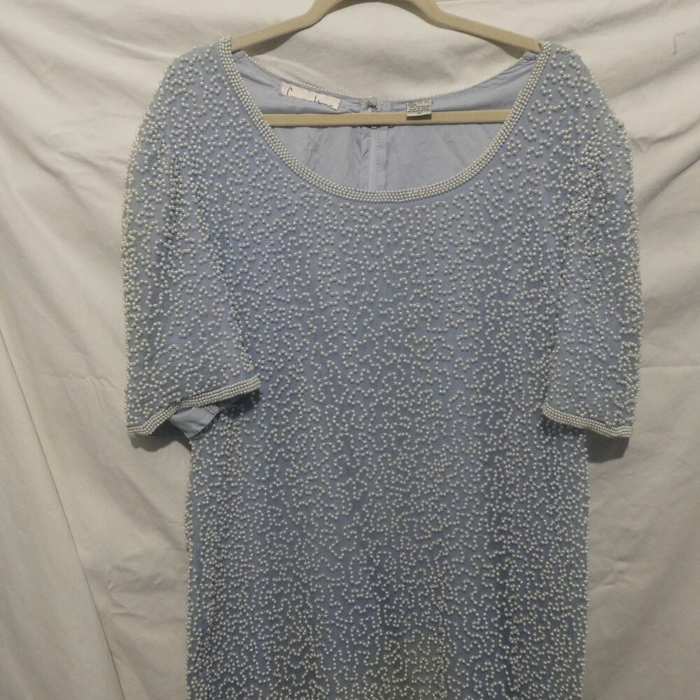 Cassandra Silk Pearl Beaded Shift Dress Women 1X Blue Vintage Short Sleeve Scoop